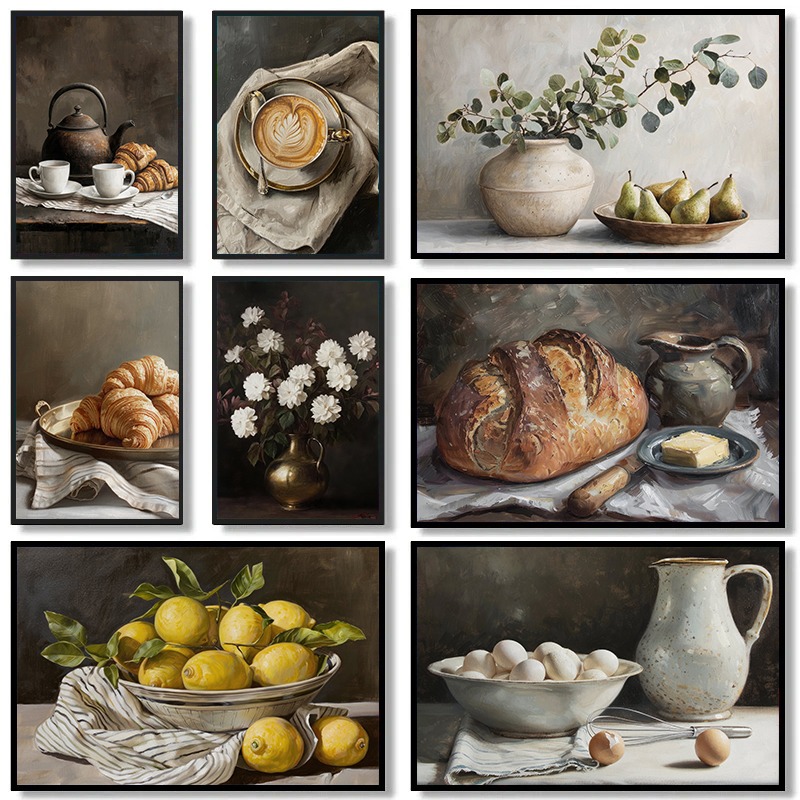 Coffee Tea Picture - Vintage Still Life Coffee Croissant Lemons